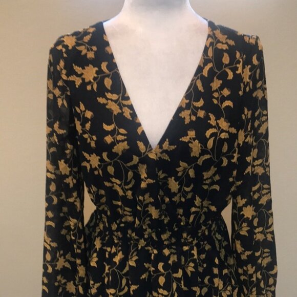 Black & Gold Floral Long Puffed Sleeve Dress Elastic Waist Layered Ruffle Hem-L - Picture 8 of 14
